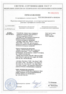 Сертификат соответствия на фурнитуру РОТО ФРАНК - приложение